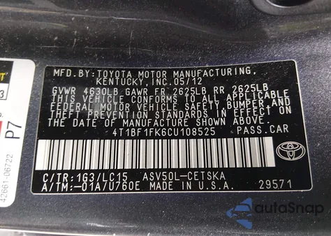 2012 Toyota Camry Se from USA, damaged, VIN 4T1BF1FK6CU108525